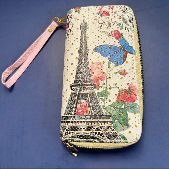 Paris Vegan Leather Wallet Eiffel Tower Butterfly Wrist Strap Wristlet Bling - Picture 3 of 10